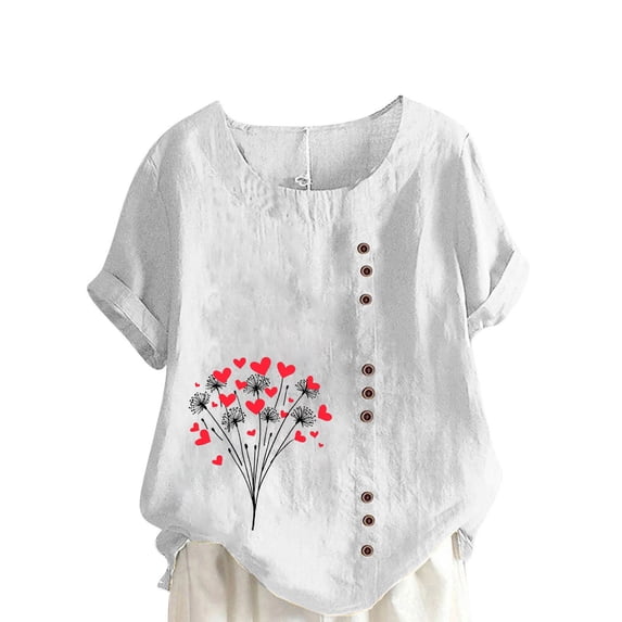 TKLPEHG Casual Tops for Women Crew Neck Button Roll Sleeve T-shirt Short Sleeve T Shirts Loose Fitted Fashion Print Tshirt Comfy Soft Summer Womens Clothes (White,XL)