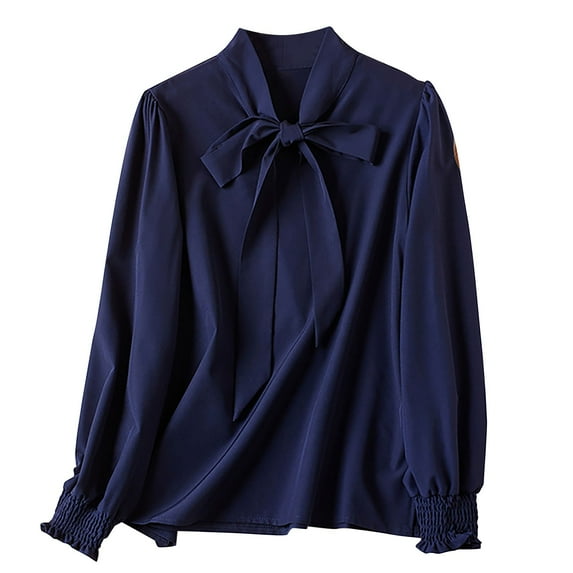 TKLPEHG Casual Tops for Women Crew Neck Chiffon Bow Shirts Comfy Lightweight Long Sleeve T Shirt Fall Tops Fashion Solid Color Loose Pullover (Navy,M)
