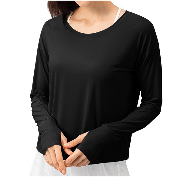 TKLPEHG Casual Tops for Women Crew Neck Sun Protection Top Solid Color Comfy Long Sleeve T Shirt Loose Fall Tops Lightweight Fashion Pullover (Black,S)
