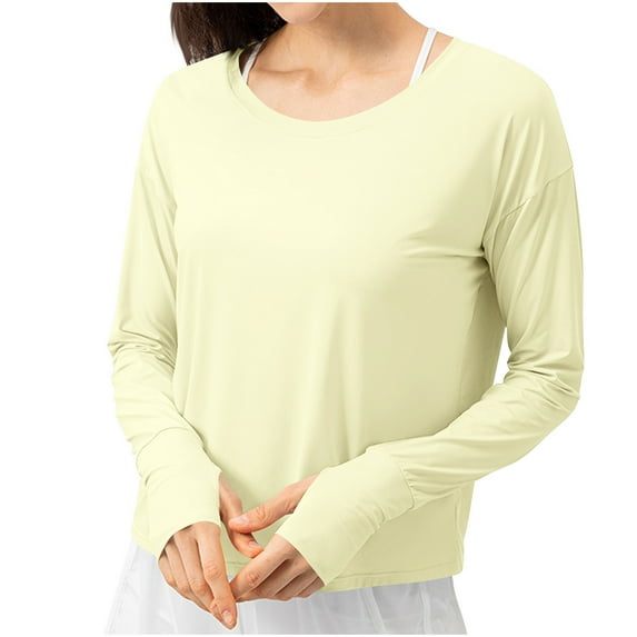 TKLPEHG Casual Tops for Women Crew Neck Sun Protection Top Solid Color Comfy Long Sleeve T Shirt Loose Fall Tops Lightweight Fashion Pullover (Yellow,XS)