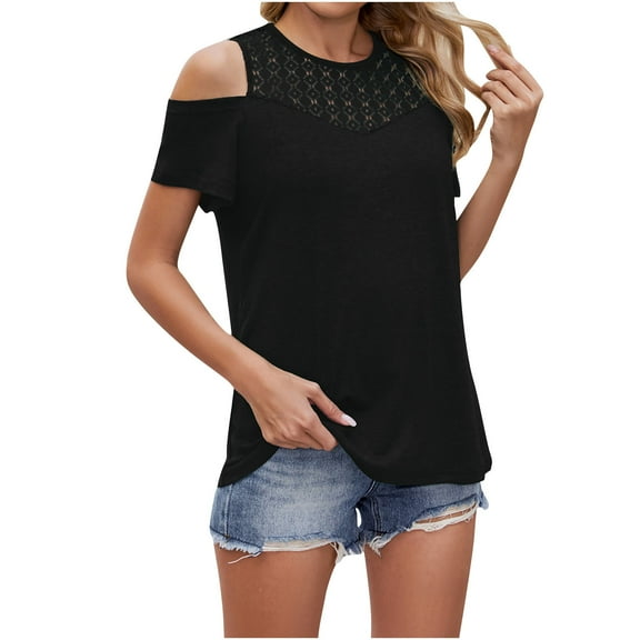 TKLPEHG Cold Shoulder Tops for Women Casual Lace Patchwork Round Neck Short Sleeve Elegant Shirts Solid Color Summer Ladies Blouses (Black,M)
