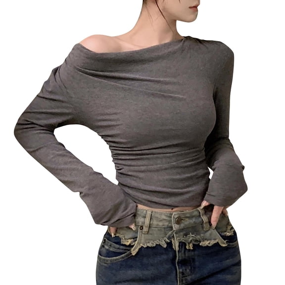 TKLPEHG Cold Shoulder Tops for Women Long Sleeves Slim Base T-Shirt Fashion Solid Color Stretch Comfy Shirt Tops (Gray,M)