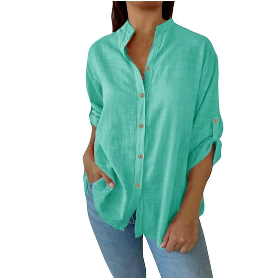 TKLPEHG Cotton Blouses for Women Dressy Casual 3/4 Length Sleeve Button Up Blouses Summer Top Solid Color Beach Vacation Outfits (Sky Blue,S)