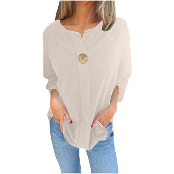 TKLPEHG Cotton Linen Shirts for Women Solid Color V Neck Long Sleeve Shirts Loose Fit Casual Tshirt Work Tops (Khaki,XL)