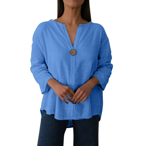 TKLPEHG Cotton Shirts for Women Summer V Neck Button Blouse Solid Color Vacation Shirt Casual Loose Fit Tunic Tops Clothes (Blue,S)
