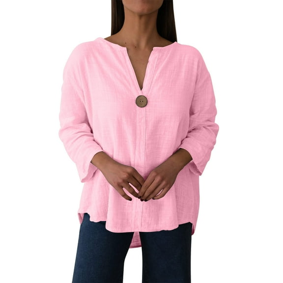 TKLPEHG Cotton Shirts for Women Summer V Neck Button Blouse Solid Color Vacation Shirt Casual Loose Fit Tunic Tops Clothes (Pink,M)