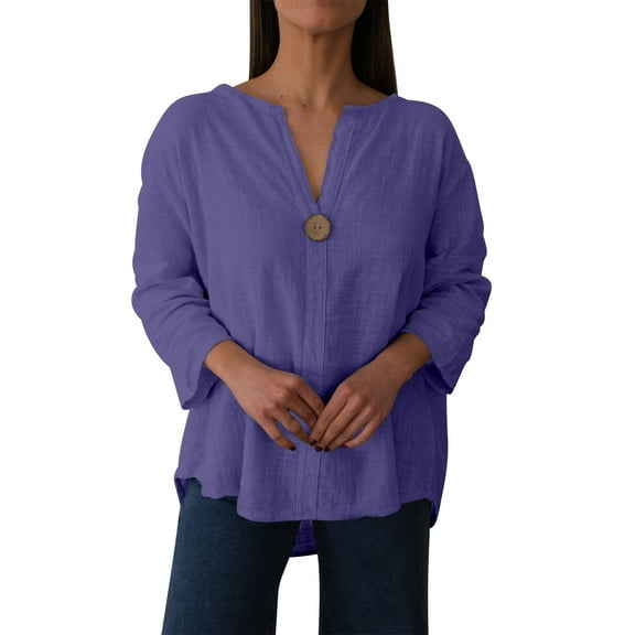 TKLPEHG Cotton Shirts for Women Summer V Neck Button Blouse Solid Color Vacation Shirt Casual Loose Fit Tunic Tops Clothes (Purple,S)