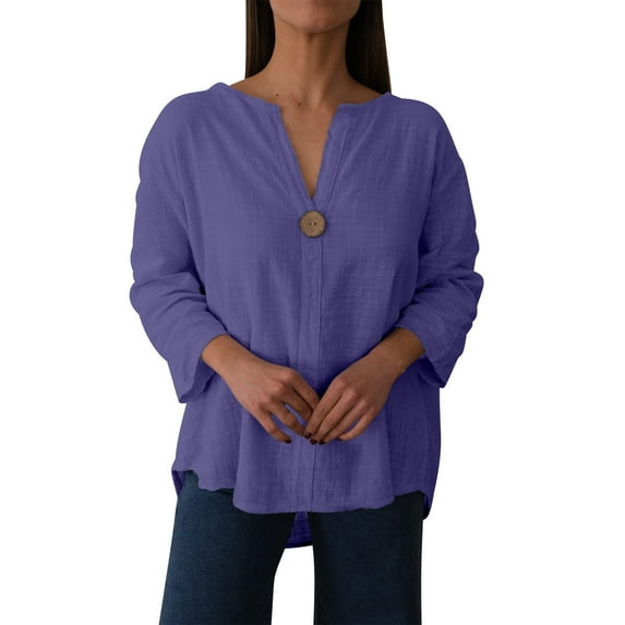 TKLPEHG Cotton Shirts for Women Summer V Neck Button Blouse Solid Color Vacation Shirt Casual Loose Fit Tunic Tops Clothes (Purple,S)