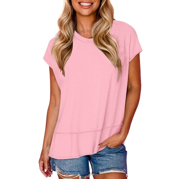TKLPEHG Crewneck Basic Tunic Tops Loose Lightweight Comfy Short Sleeve T Shirts Classic Solid Color Casual Fashion Blouses (Pink,L)