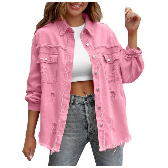 TKLPEHG Denim Jacket for Women Long Sleeve Ripped Jean Jacket Button Lapel Shirt Denim Coat Shacket Jacket (Pink,S)