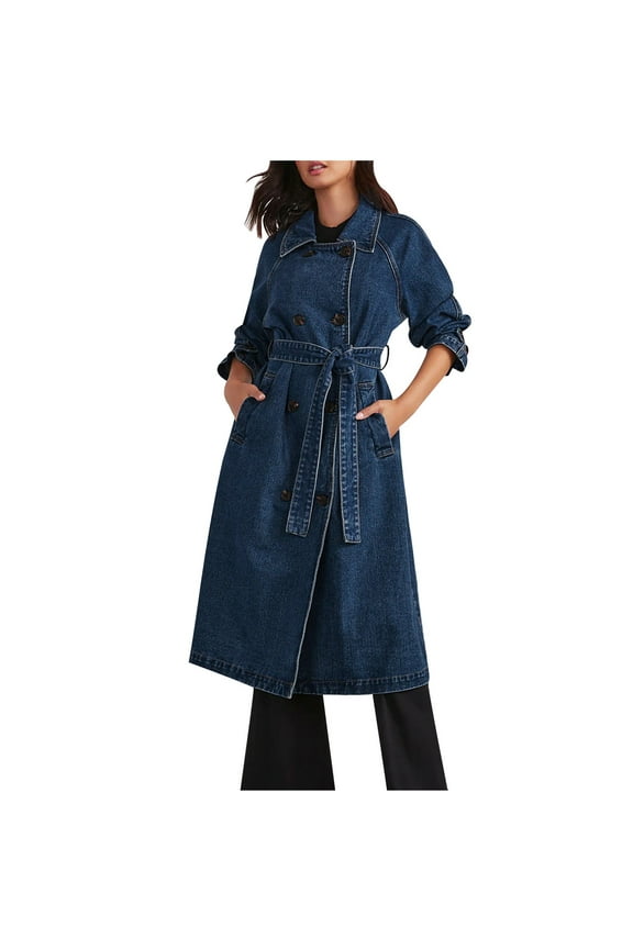 Denim Trench Coats for Women Casual Double Breasted Long Denim Coat Jean Jacket Trenchcoat with Belt (Blue,M)