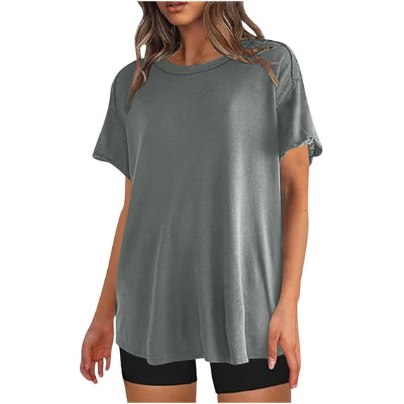 TKLPEHG Dressy Tops for Women Fashion Round Neck Tshirts Summer Solid Color Short Sleeve T Shirts Lightweight Casual Loose Going Out Tops Blouse(Gray,XL)