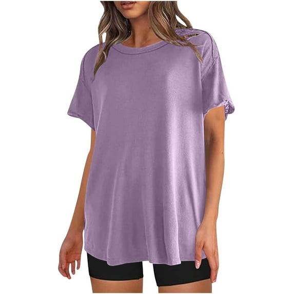 TKLPEHG Dressy Tops for Women Fashion Round Neck Tshirts Summer Solid Color Short Sleeve T Shirts Lightweight Casual Loose Going Out Tops Blouse(Purple,XL)