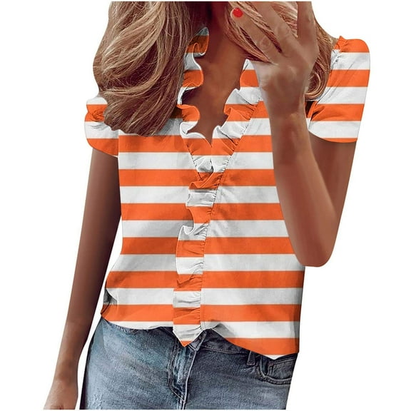 TKLPEHG Dressy Tops for Women Fashion Short Sleeve T Shirts Loose Casual Going Out Tops V Neck Tshirt Summer Lightweight Striped Print Graphic Tee Blouse(Orange,XXXXL)