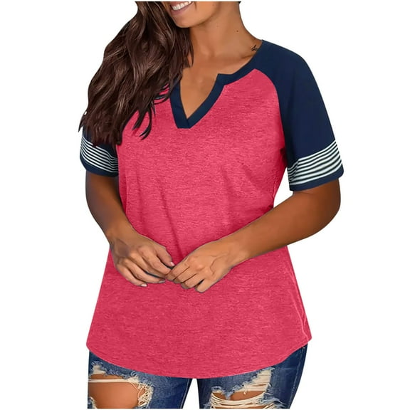 TKLPEHG Dressy Tops for Women Fashion V Neck Plus Size Tops Lightweight Solid Color Loose Going Out Tops Summer Casual Short Sleeve T Shirts Blouse(Hot Pink,XXXXL)