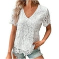 thumbnail image 1 of TKLPEHG Dressy Tops for Women Lace Slim Fit Blouse V Neck Solid Color Womens Short Sleeve Tops Casual Elegant Tunic Tops Women's Summer Tops (Z01_White,L), 1 of 6