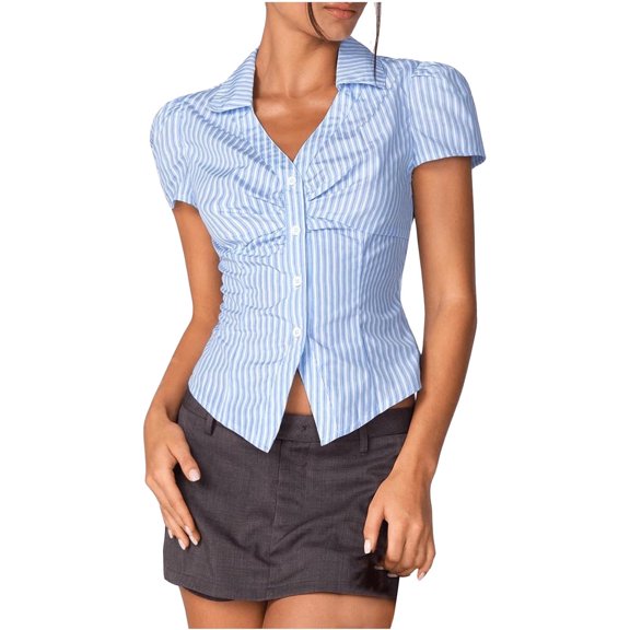 TKLPEHG Dressy Tops for Women Summer Lapel Button Pleated Shirt Regular Short Sleeve Blouses Western Outfit for Women Fashion Leisure Lightweight Solid Color Graphic Tee Blouses (Blue,L)