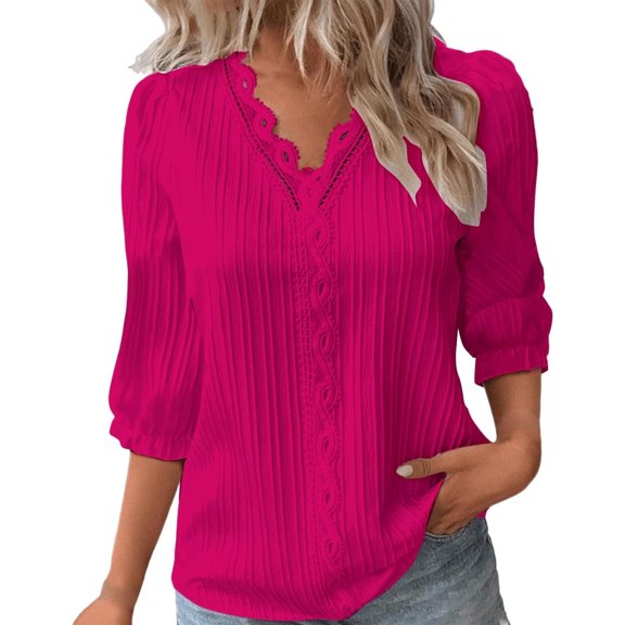 TKLPEHG Dressy Tops for Women Trendy Slim Fit Blouse Crochet Lace Trim V Neck Shirts Solid Color Womens 3/4 Sleeve Tops Casual Elegant Tunic Tops Tshirt (Hot Pink,M)