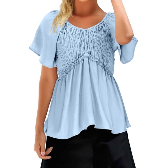 TKLPEHG Dressy Tops for Women V-Neck Hide Belly Pleated Tunic Shirt Solid Color Short Sleeve Blouses Leisure Fashion Regular Lightweight Western Outfit for Women Blouses (Sky Blue,L)