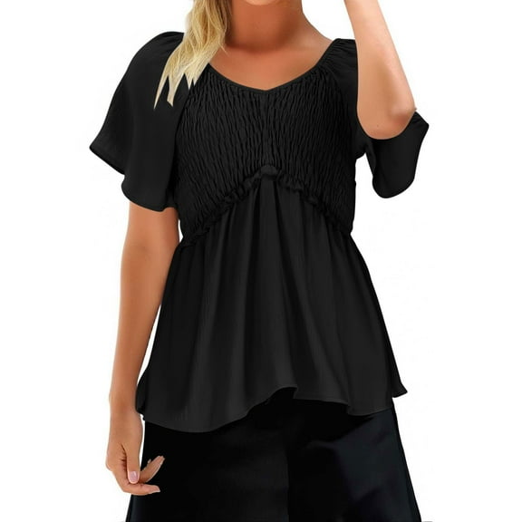 TKLPEHG Dressy Tops for Women V-Neck Hide Belly Pleated Tunic Shirt Solid Color Short Sleeve Blouses Leisure Fashion Regular Lightweight Western Outfit for Women Blouses (Black,XL)