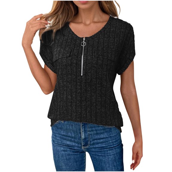 TKLPEHG Dressy Tops for Women V-Neck Zipper Shirt Fashion Leisure Lightweight Solid Color Graphic Tee Regular Western Outfit for Women Short Sleeve Blouses Blouses (Black,M)