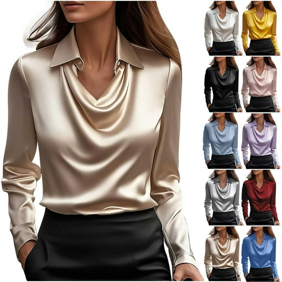TKLPEHG Dressy Tops for Women Business Casual Elegant Cowl Neck Satin Blouse Long Sleeve Office Ladies Work Shirt Top (Black,M)