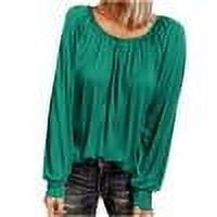 TKLPEHG Dressy Tops for Women Crew Neck Pleated Tunic Tops Classic Solid Color Lightweight Fashion Loose Casual Long Sleeve Blouse (Green,M)