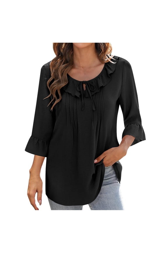Dressy Tops for Women Dressy Casual Round Neck 3/4 Sleeve Tunic Shirts Solid Color Elegant Tunic Tops Loose Comfy Clothes Blouses(Black,XL)