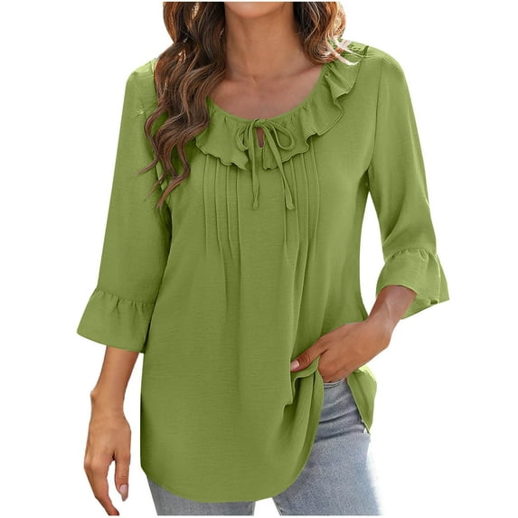 TKLPEHG Dressy Tops for Women Dressy Casual Round Neck 3/4 Sleeve Tunic Shirts Solid Color Elegant Tunic Tops Loose Comfy Clothes Blouses(Green,M)