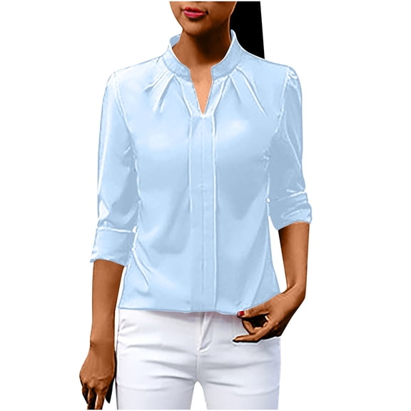 TKLPEHG Dressy Tops for Women Long Sleeve Business Casual Notched V Neck Tops Work Chiffon Office Pleated Skirts (Light Blue,M)