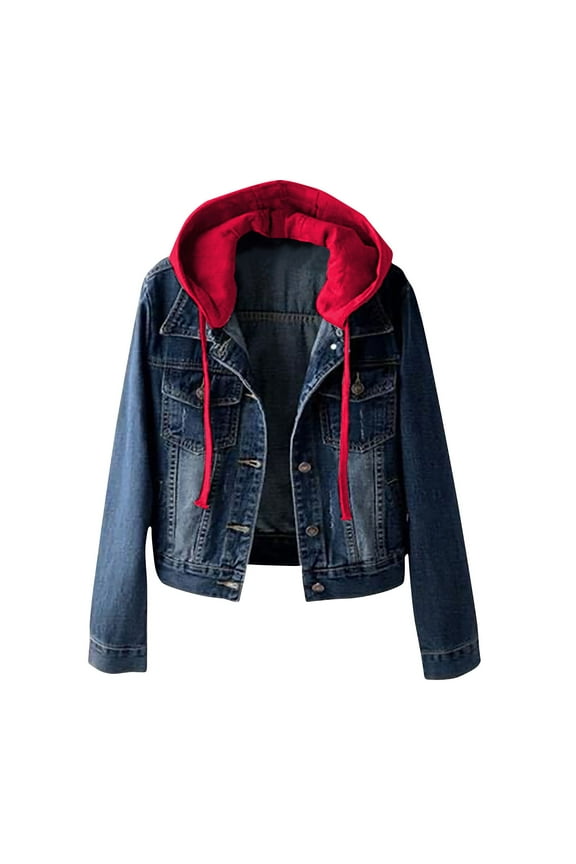 Fall Denim Jackets for Women Long Sleeve Hooded Jeans Coats Casual Button Short Denim Jackets (Dark Blue,L)