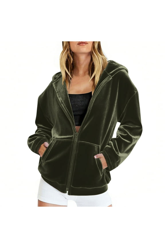 Fall Fashion 2025 Women's Velour Hooded Jacket Long Sleeve Full Zip Outerwear Soft Warm Velvet Jacket with Side Pockets (Army Green,L)