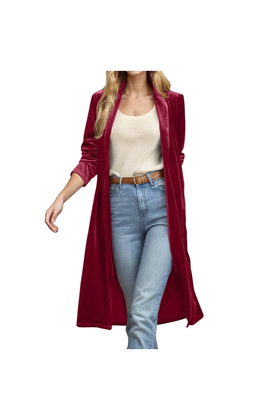 Fall Fashion Velvet Cardigan Jackets for Women Long Lapel Collar Open Front Elegant Blazer Cardigan Trench Coat (Red,M)