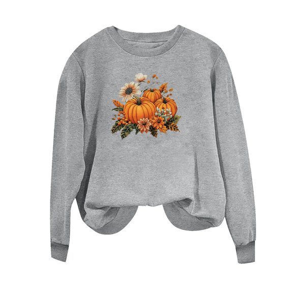 TKLPEHG Fall Pumpkin Sweatshirt for Women Thanksgiving Graphic Sweatshirts Long Sleeve Tops Fashion Crew Neck Loose Pullover (Gray,M)