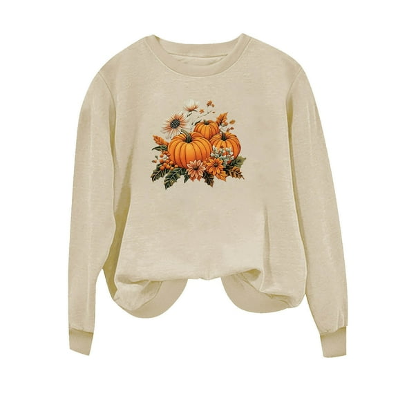 TKLPEHG Fall Pumpkin Sweatshirt for Women Thanksgiving Graphic Sweatshirts Long Sleeve Tops Fashion Crew Neck Loose Pullover (Khaki,XL)