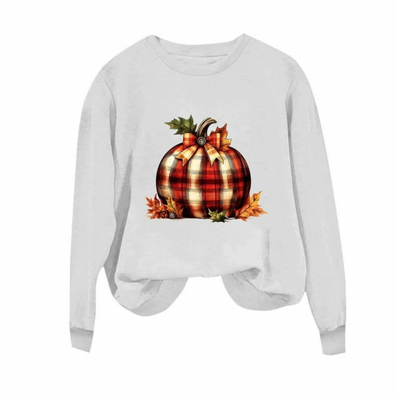 TKLPEHG Fall Pumpkin Sweatshirt for Women Thanksgiving Sweatshirts Fashion Round Neck Casual Long Sleeve Tops Pullover (White,L)