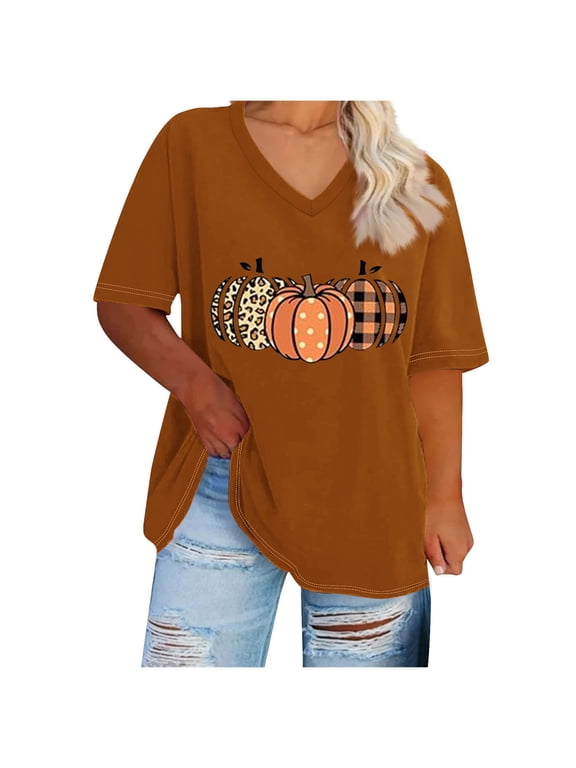 Fall Shirts for Women V-Neck Plus Size Tops Cute Pumpkin Graphic Tee Thanksgiving Short Sleeve Tshirts (Orange,XXXL)