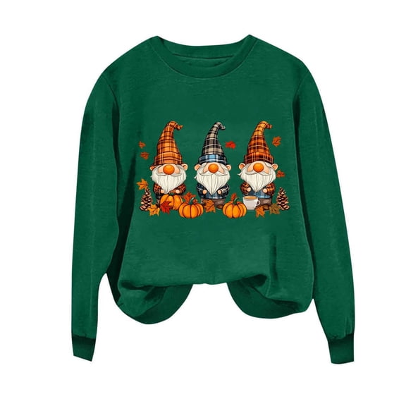 TKLPEHG Fall Thanksgiving Sweatshirt for Women Gnomes Pumpkin Print Graphic Sweatshirts Long Sleeve Crewneck Loose Tops (Army Green,S)