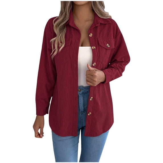TKLPEHG Fall Women's Corduroy Shirt Shacket Long Sleeve Button Oversized Shirt Jacket Casual Comfy Office Trendy Pocket Jacket (Wine,S)
