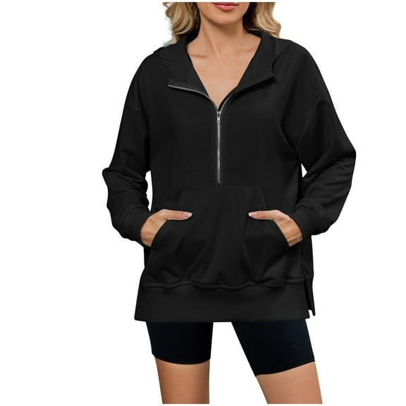 TKLPEHG Fall Women's Sweatshirt Casual Quarter Zip Hoodies Pullover Fashion Sweatshirt with Pocket Outfits Clothes (Black,S)