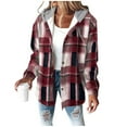 thumbnail image 1 of TKLPEHG Flannel Jacket For Women Trendy Fleece Lined Button Plaid Jackets Long Sleeve Hooded Coats Fall Winter Coat (Wine,XL), 1 of 6