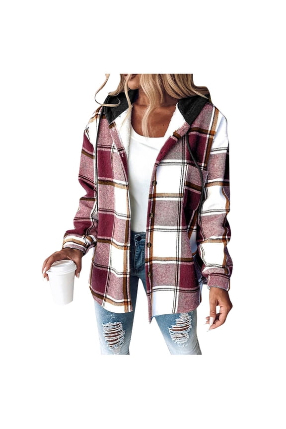 Flannel Jacket for Women Trendy Fleece Lined Button Up Plaid Shacket Casual Long Sleeve Hooded Jackets Fall Winter Coat (Hot Pink,S)