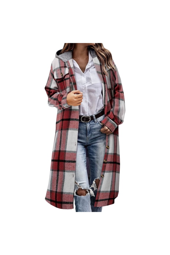 Flannel Shirt Women Plaid Jacket Womens Shacket Casual Lapel Button Long Sleeve Trench Coat Warm Winter Jackets (Red,S)