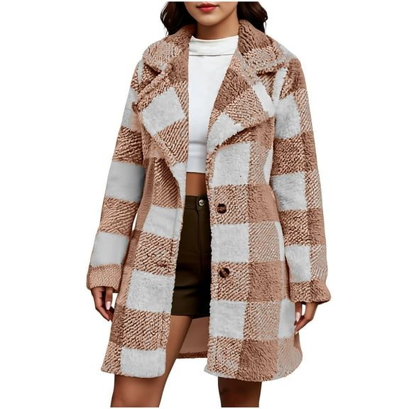 TKLPEHG Fleece Jacket Women Plaid Flannel Button Up Shacket Jacket Long Sleeve Outerwear Comfy Warm Winter Coats Loose Fit (Brown,XXL)