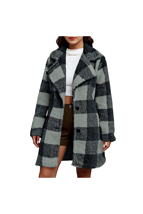 Fleece Jacket Women Plaid Flannel Button Up Shacket Jacket Long Sleeve Outerwear Comfy Warm Winter Coats Loose Fit (Gray,S)