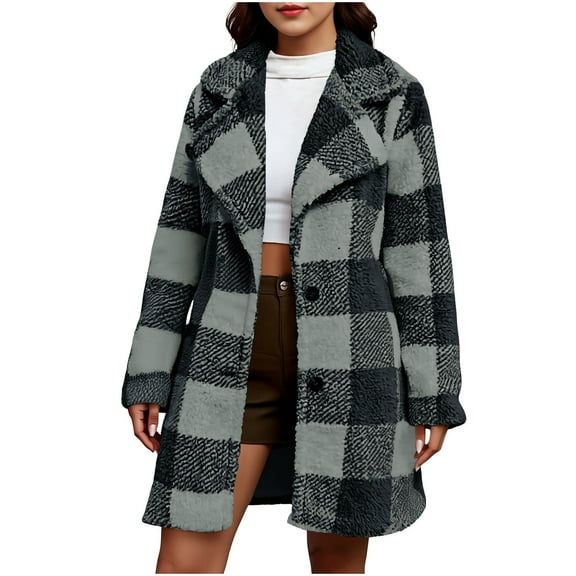 TKLPEHG Fleece Jacket Women Plaid Flannel Button Up Shacket Jacket Long Sleeve Outerwear Comfy Warm Winter Coats Loose Fit (Gray,XXL)