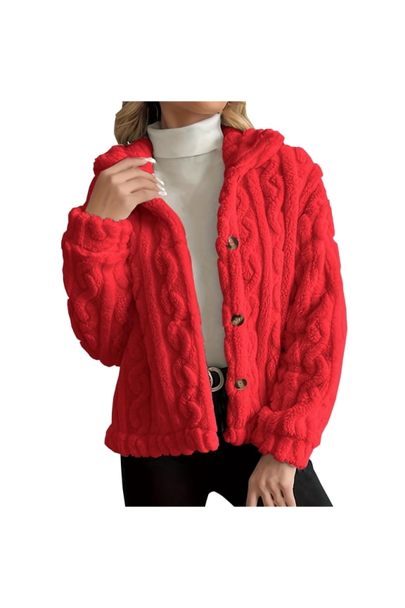 Fleece Jacket Women Winter Coat Hooded Button Plush Jackets Long Sleeve Warm Soft Outerwear with Pockets (Red,S)