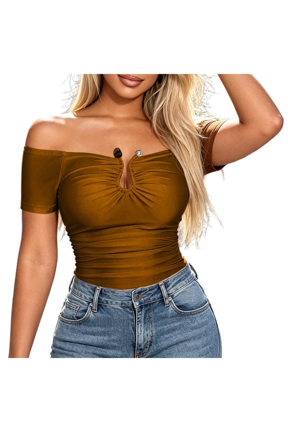 Going Out Tops for Women Off-Shoulder Keyhole Short Sleeve Ruched Bust Crop Blouse Bodycon Summer Party Shirt (Brown,S)