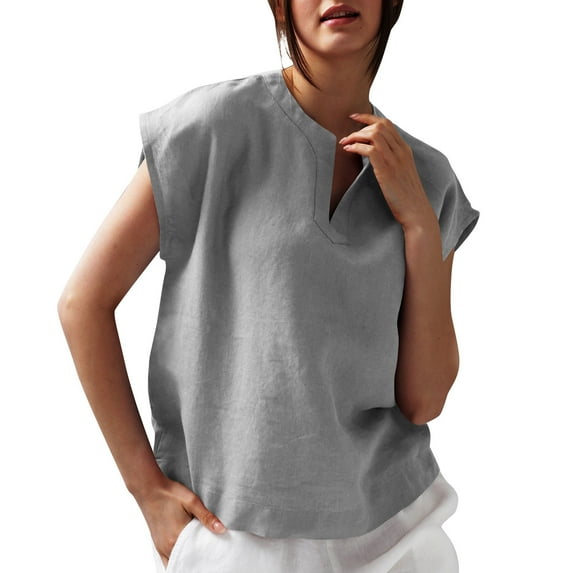 TKLPEHG Going Out Tops for Women Lapel Cotton Line Button Shirt Solid Color Lightweight Fashion Loose Comfy Shirts Casual Short Sleeve T Shirts Summer Outfits (Gray,L)