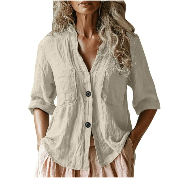 TKLPEHG Going Out Tops for Women Lapel Cotton Line Button Shirt Solid Color Lightweight Fashion Loose Comfy Shirts Casual Short Sleeve T Shirts Summer Outfits (Gray,L)